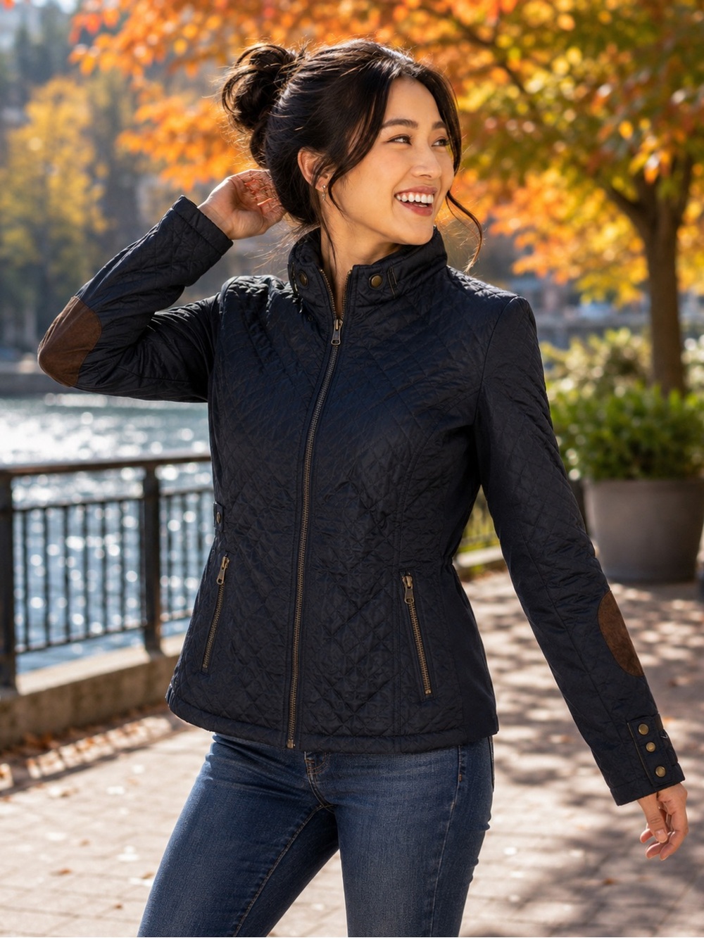 Cavalini Quilted Navy Utility Jacket with Brown Elbow Patches